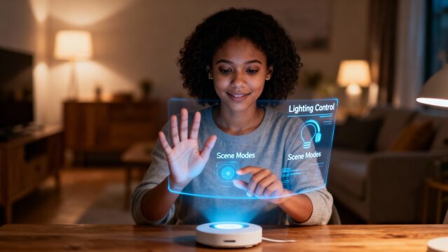 Mother controlling smart home lighting with a floating hologram