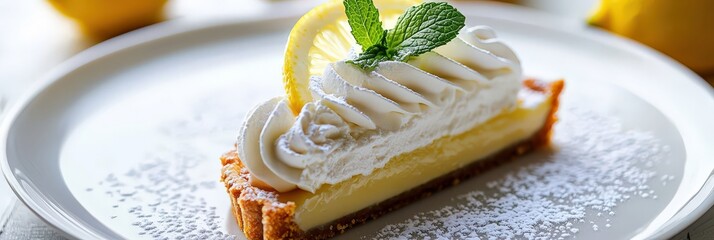 A dessert plate featuring a lemon tart with a swirl of whipped cream and a sprig of mint