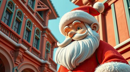 Architectural-Style Santa Claus Cartoon in Terracotta and Teal with Precise Wide-Angle Detail