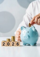 piggy bank and coins, 2025 end year to Happy New Year 2026 with piggy bank. Resolution, Goals, Plan, Action, Money Saving, Retirement fund, Pension, Investment and Financial concepts