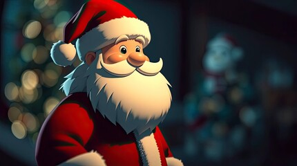 Dramatic Low-Key Santa Claus Cartoon with Sharp Focus and Blurred Bokeh Effect
