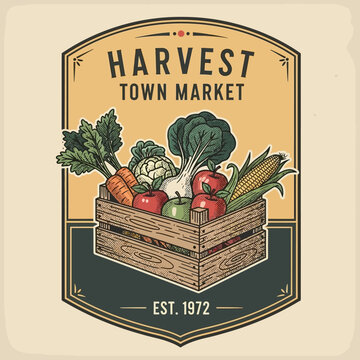 Harvest Town Market Crate of Fresh Vegetables and Fruits Vintage Logo.