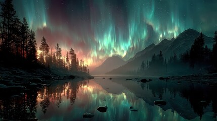 Majestic Aurora Borealis over a Misty Mountain Lake

Category Landscapes