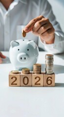 piggy bank and coins, 2025 end year to Happy New Year 2026 with piggy bank. Resolution, Goals, Plan, Action, Money Saving, Retirement fund, Pension, Investment and Financial concepts