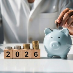piggy bank and coins, 2025 end year to Happy New Year 2026 with piggy bank. Resolution, Goals, Plan, Action, Money Saving, Retirement fund, Pension, Investment and Financial concepts