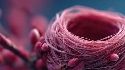 Close-up of a delicate, frosted pink bird's nest