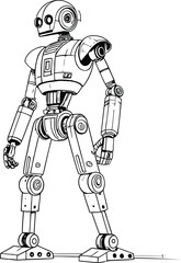 A monochrome illustration of a humanoid robot with articulated joints and a cylindrical head design