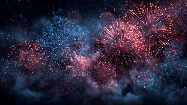 Spectacular red and blue firework explosions event background