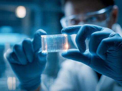 Scientist wearing protective gloves examining a futuristic transparent microchip or advanced technology prototype with digital circuit patterns in a laboratory setti