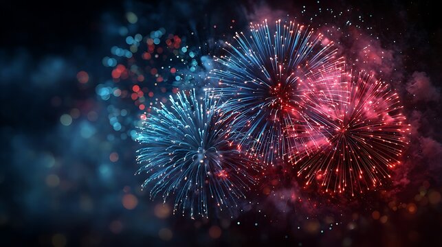 Spectacular red and blue fireworks burst across smoky night sky