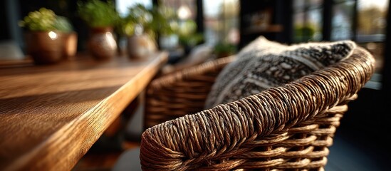 Warm, sunlit interior with a woven chair, pillow, and wooden table