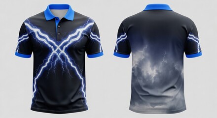 Men's polo shirt mockup featuring crossed blue lightning bolts on a black base and storm cloud gradient back view isolated.