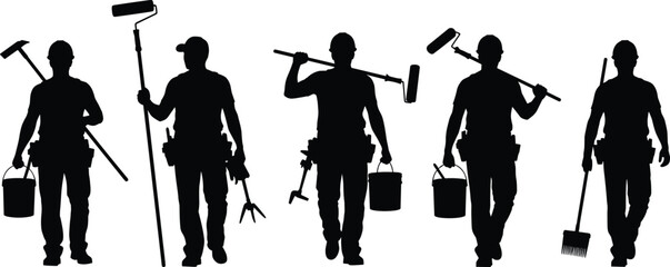 Obraz premium Set of black silhouettes of painters and construction workers holding rollers and buckets, renovation vector illustration, isolated on white background.