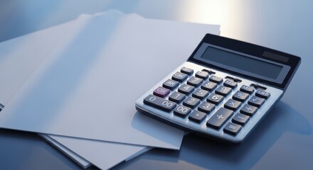 Digital calculator and blank documents on reflective surface