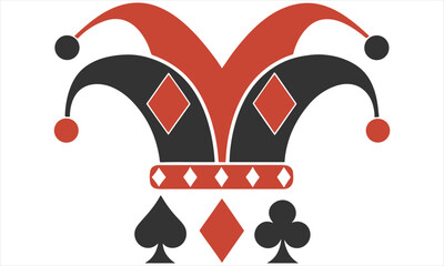 Joker Hat Playing Card Symbol Vector – Jester Icon with Poker Suit Design in Red and Black