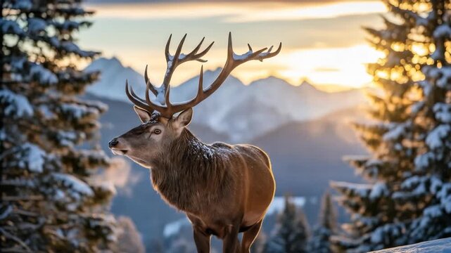 Majestic stag with large antlers standing in a snowy forest during sunset with mountains in the background