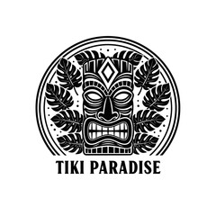 Tiki Paradise Logo Design Featuring a Carved Wooden Mask and Tropical Leaves.