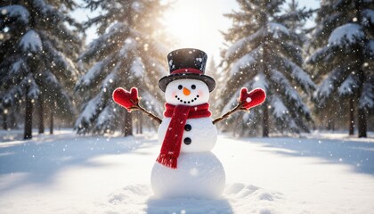 Obraz premium Cheerful Snowman Surrounded by Snowy Trees on a Winter Day