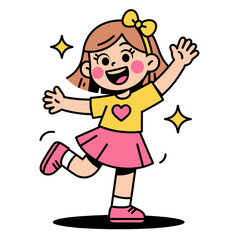 Fototapeta premium Cheerful Girl in Pink Skirt and Yellow Shirt with Heart Design