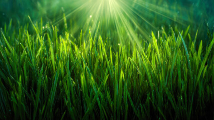 Vibrant green grass blades illuminated by warm sunlight rays creating a fresh morning atmosphere with glistening dew drops on the natural field surface