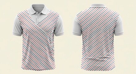 Realistic men's polo shirt mockup featuring geometric diagonal stripes pattern on a white base showing front and back view isolated.