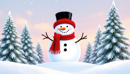 Obraz premium Cheerful Snowman Surrounded by Winter Trees in a Snowy Landscape