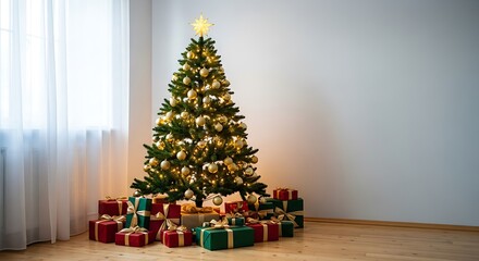 Festive pine tree adorned with golden baubles and lights standing over colorful presents in a sunlit living space