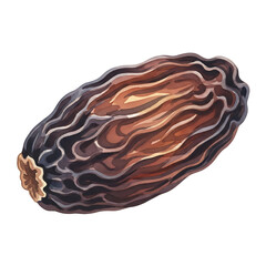 Watercolor Illustration of a Black Seed Pod Isolated on White Background