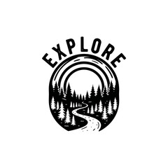 Vintage explore emblem with a winding forest path illustration.