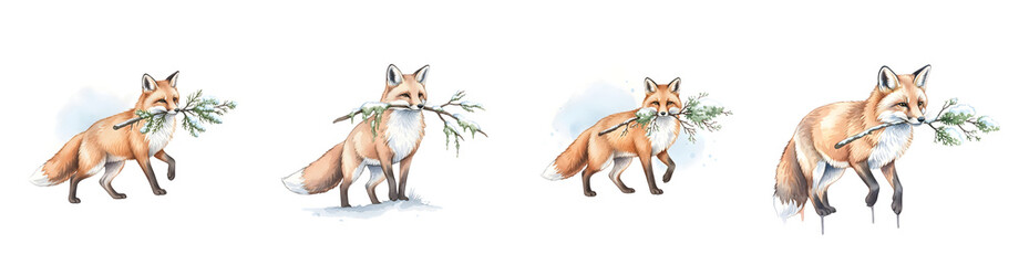 Four Illustrations Of A Red Fox Carrying A Snow Covered Branch In Its Mouth Against A Transparent Background Isolate