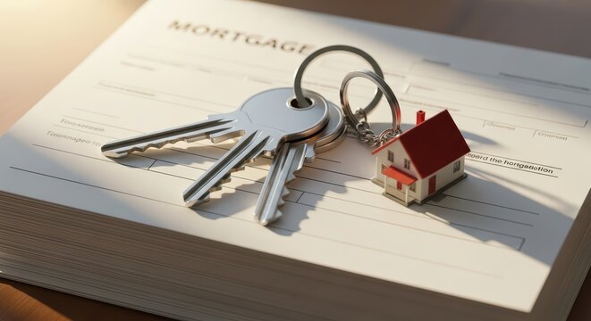 Mortgage contract with keys and house keychain symbolizing homeownership