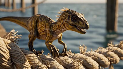 yellow dinosaur - A vibrant dinosaur, resembling a small raptor, balances on thick nautical ropes beside a shimmering ocean under a blue sky, showcasing its powerful stance and fierce expression