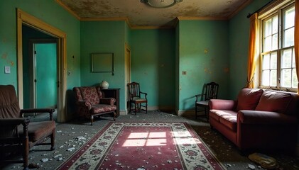 Neglect and Disrepair A Dimly Lit Interior Space Revealing Poor Living Conditions, Featuring Peeling Paint, Stained Carpet, and Broken Furniture.