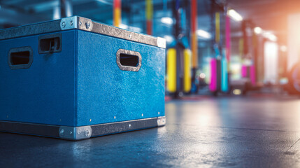 Durable blue plyometric box in a modern indoor gym environment with colorful equipment softly lit by warm natural sunlight through windows