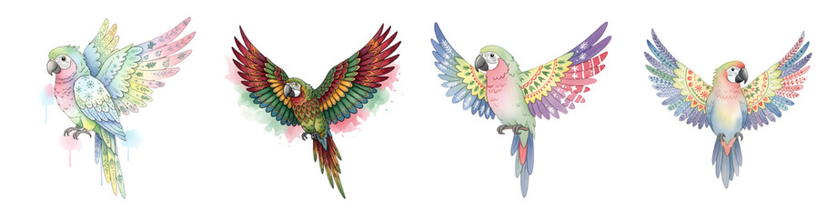 Four decorative macaws in pastel and vibrant colors with spread wings and intricate patterns transparent background