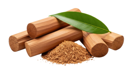 Sandalwood pieces and powder with green leaf transparent background cutout png