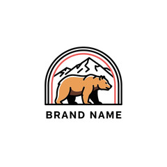 Walking brown bear and mountain peak logo design illustration.