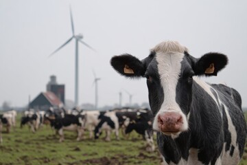 Black and White Cow in Pasture with Wind Turbines in Background