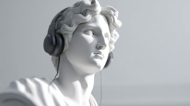 White marble statue wearing modern headphones