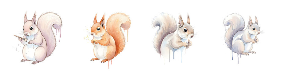 Four watercolor squirrels one painting one holding nut two white isolate