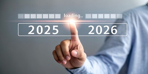 Fingertip touches a digital loading bar transitioning from the year 2025 to 2026 symbolizing future progress and the passage of time