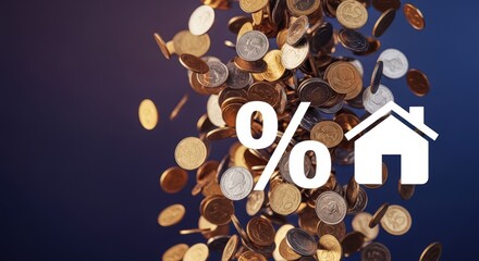 Falling euro coins and house with percent symbol for economic and real estate concepts