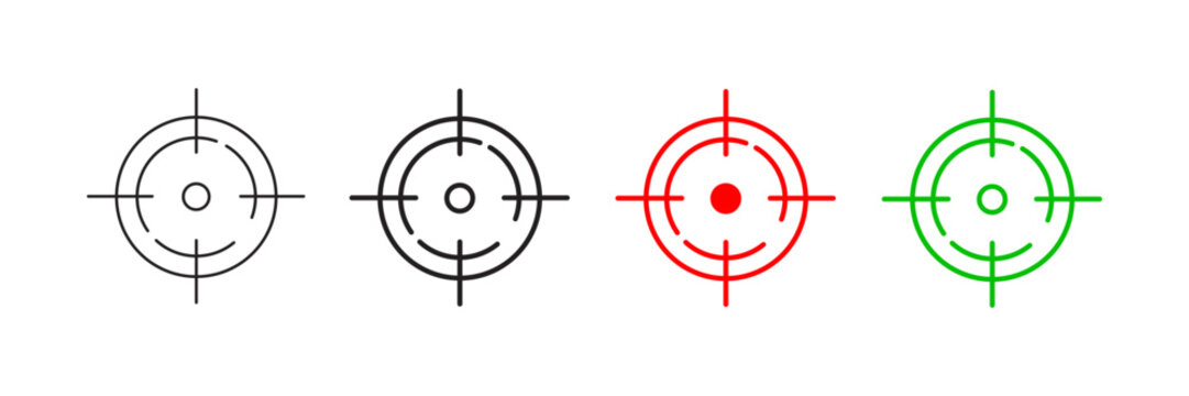 Set of minimalist target icons with transparent background, depicting focus and accuracy symbols for business strategy, marketing goals, and location pins, vector illustration