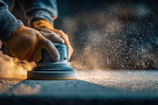Worker wearing protective gloves using an electric sander to smooth a surface with dust particles flying in dramatic lighting and shallow focus background