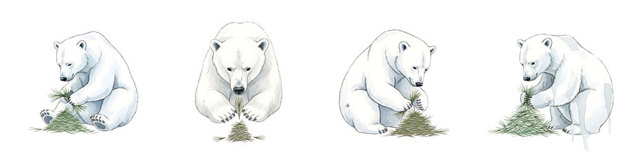 Four polar bear poses manipulating pine branches isolate arctic animal