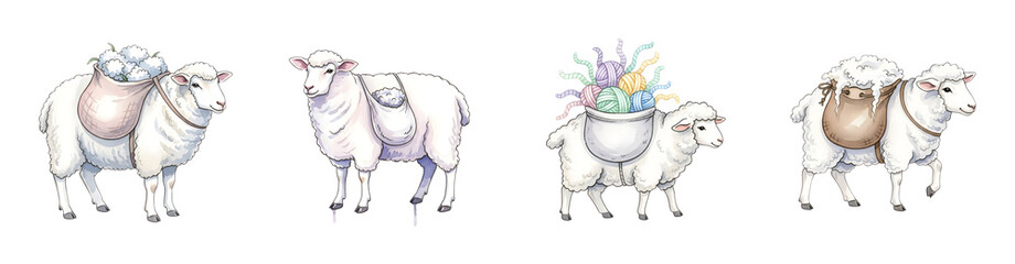 Four stylized sheep carrying supplies on their backs including cotton balls and yarn balls isolate