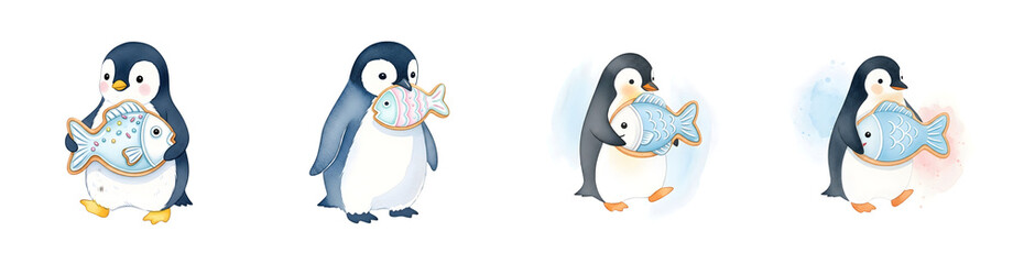 Four whimsical watercolor penguins holding or eating fish shaped cookies isolate