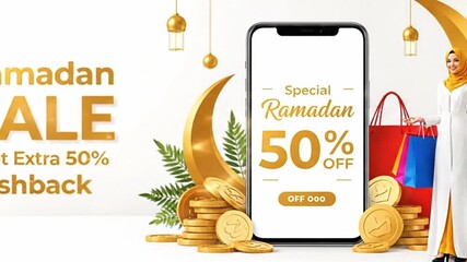 Ramadan Sale Promotion with Mobile App Mockup and Islamic Decorations