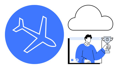 Airplane icon, cloud symbol, and person with trophy on screen communicate themes of travel, online platforms, recognition, technology, personal success, innovation and connectivity. Ideal