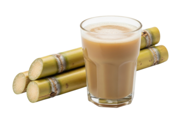 Glass of sugarcane juice with stalks transparent background cutout png